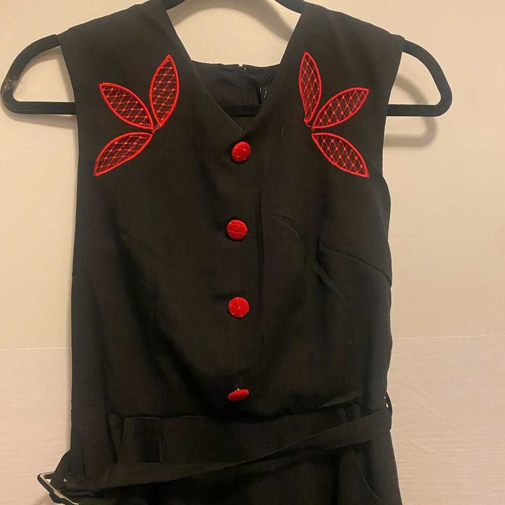 Voodo vixen Black Dress with Red Embroidery Buttons pockets